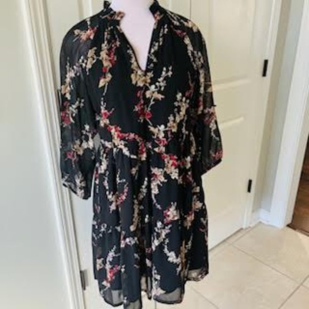 Anne Klein Midi Dress Deep Black Floral Tiered V-neck Sz 4 Office